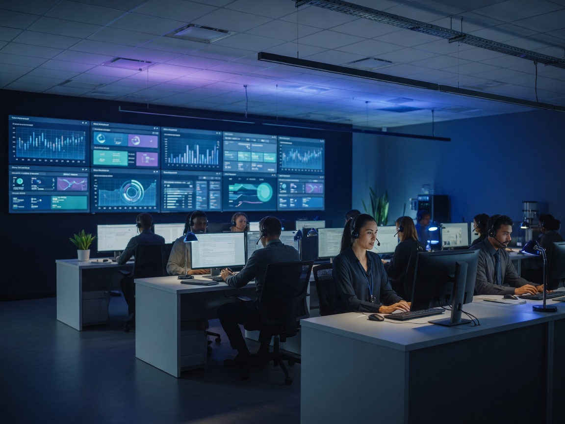 Contact center floor with live operations dashboards