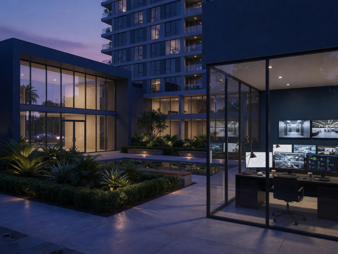 Property operations desk overlooking a residential portfolio at dusk