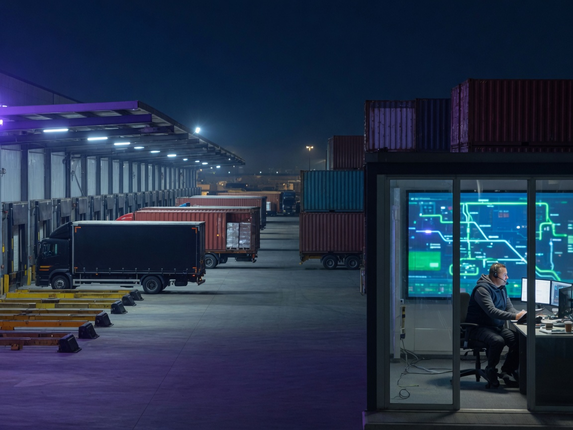 Night logistics hub with dispatch control and loading docks